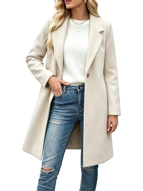 Jackets & Blazers - Women's Beige Winter Wool Mid-Long Notch Double-Breasted Lapel Jacket Pea Coat